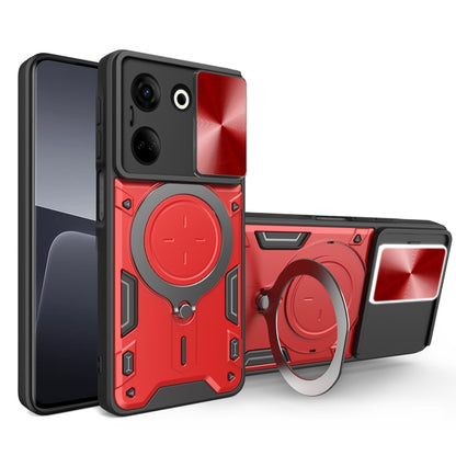 Red rugged phone case with sliding camera shield and magnetic ring holder