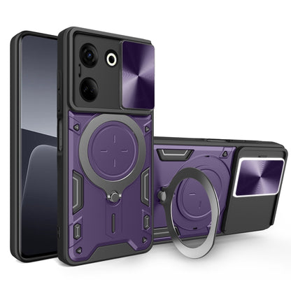 Purple rugged phone case with sliding camera shield and magnetic ring holder