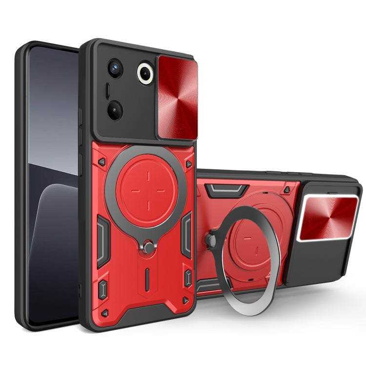 Red textured phone case with sliding camshield and magnetic ring holder, armor-style protective cover