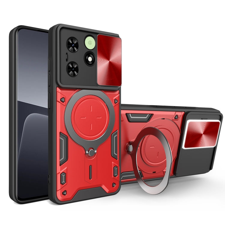 Red rugged phone case with sliding camshield magnetic holder and circular ring grip