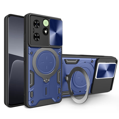 Blue rugged phone case with sliding camshield magnetic holder and circular ring grip