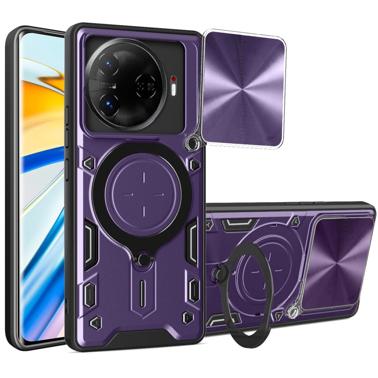 Sliding camshield magnetic phone case with dual circular grips, purple hard shell
