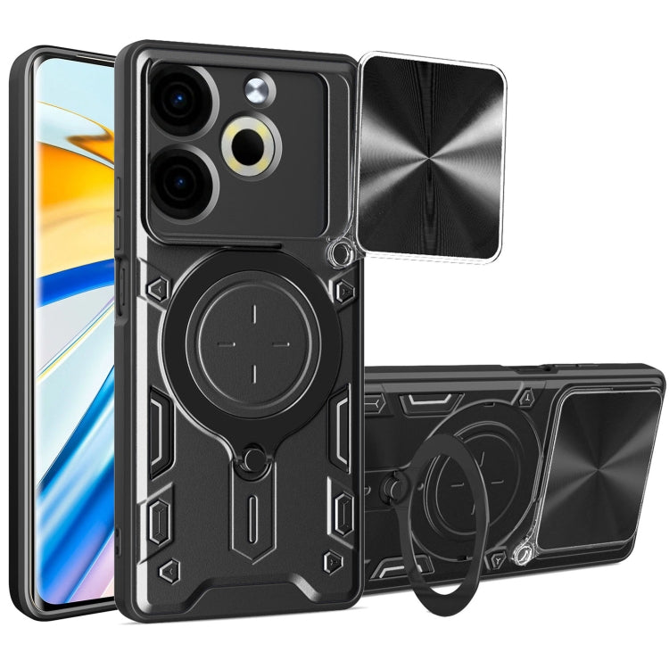 Black rugged phone case with sliding cam shield and magnetic ring holder, CD texture.