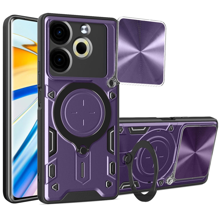 Purple phone case with sliding camshield and magnetic ring holder, textured rugged design