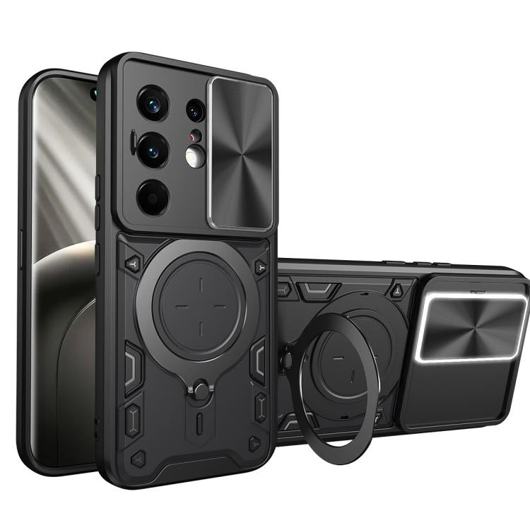 Black rugged phone case with sliding cam shield and magnetic ring stand, CD texture.