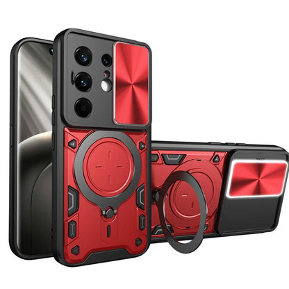 Red rugged phone case with sliding cam shield, magnetic ring stand, and CD texture.