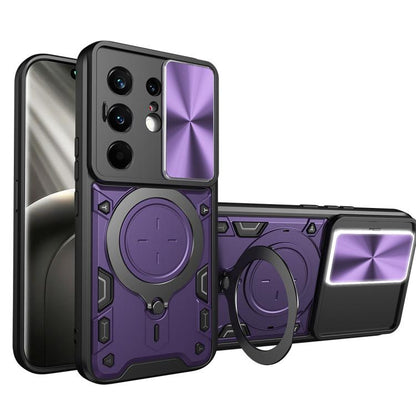 Purple rugged phone case with sliding cam shield and magnetic ring stand, textured details.