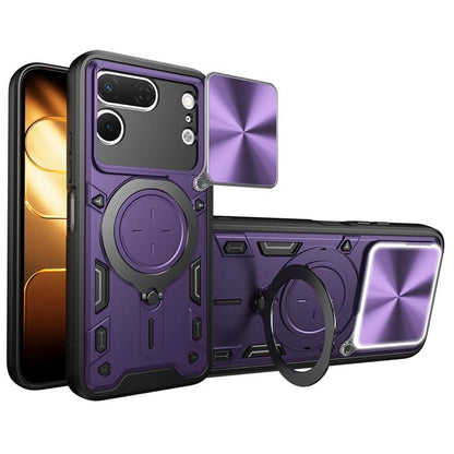 Purple rugged phone case with sliding camshield cover and magnetic ring holder