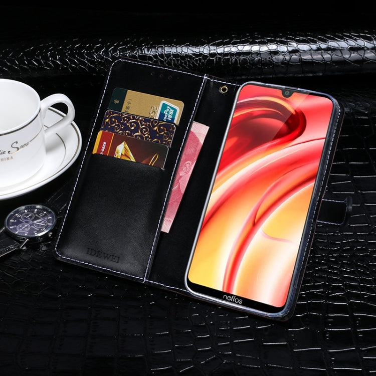 Dark blue flip leather phone case open to show card slots and stand
