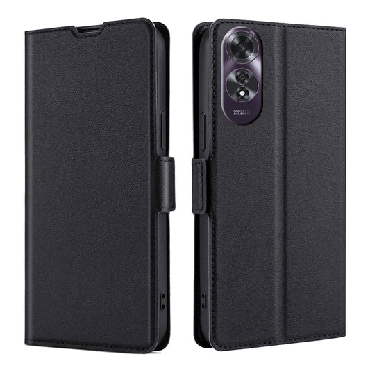 Black ultra-thin flip phone case with side buckle closure, leather-look finish