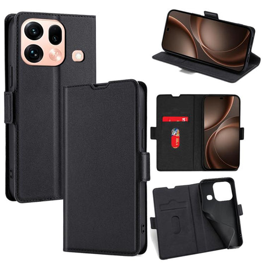 Black leather flip phone case with side buckle, card slots, and phone screen cover.