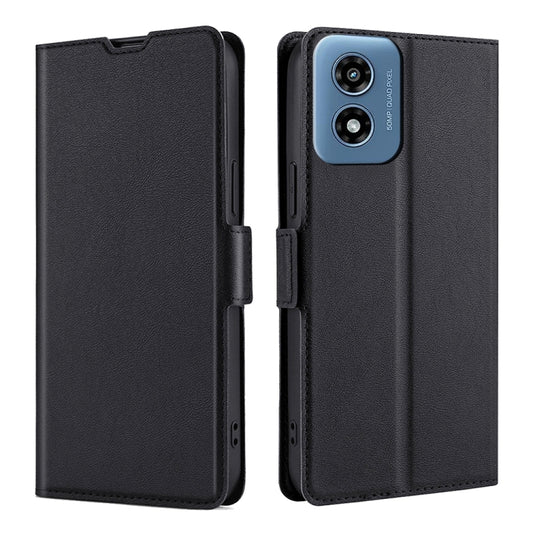 Black leather flip phone case with side buckle, shown front and back.