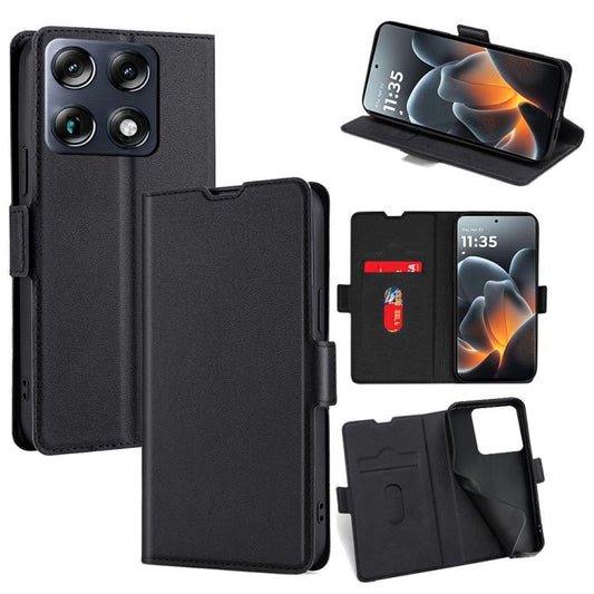 Black leather-style flip phone case with card slots and side buckle, open and closed views.