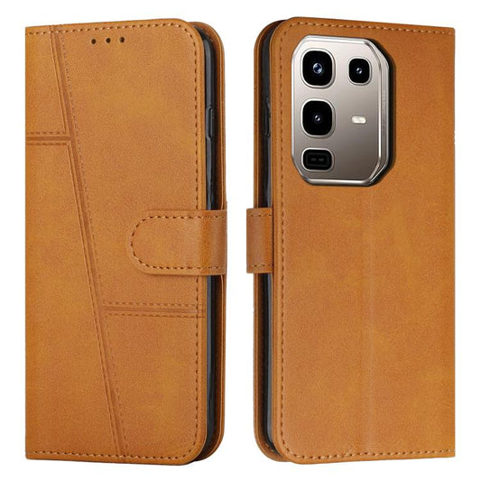 Brown leather wallet phone case with stitched panel and side buckle closure