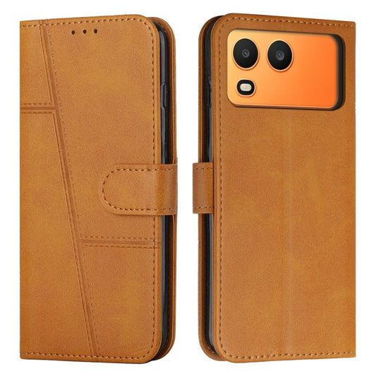 Tan leather phone case with stitched texture and front flap buckle closure