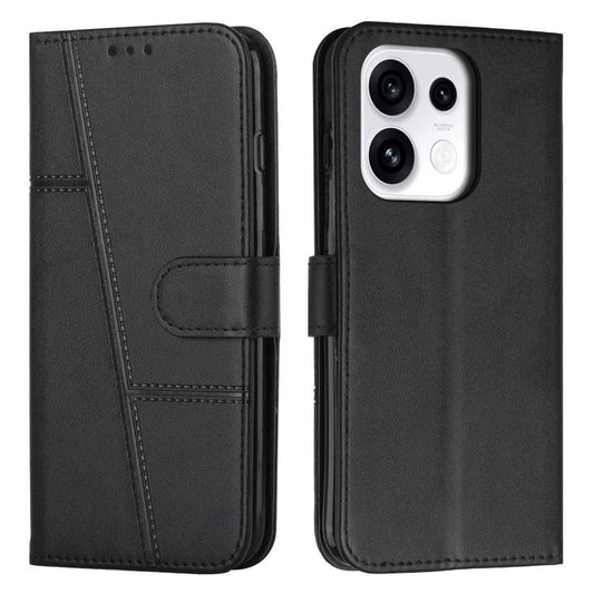 Black leather phone case with stitched panels and buckle closure, front view