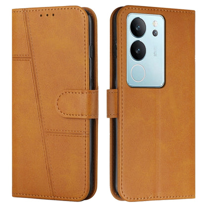 Tan leather flip phone case with stitched texture and side buckle strap