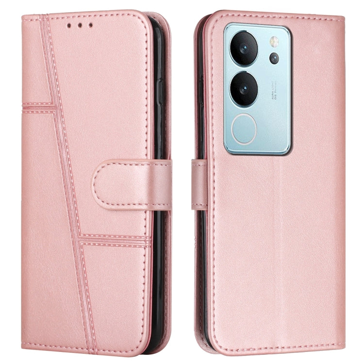 Pink leather flip phone case with stitched texture and side buckle strap