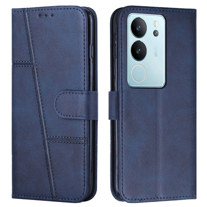 Navy blue leather flip phone case with stitched texture and side buckle strap