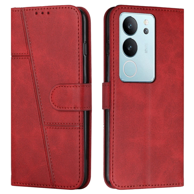 Red leather flip phone case with stitched texture and side buckle strap