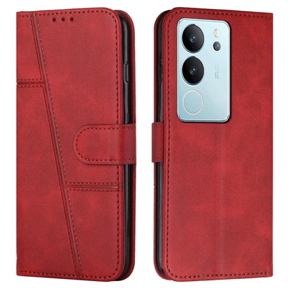 Red leather flip phone case with stitched texture and side buckle strap