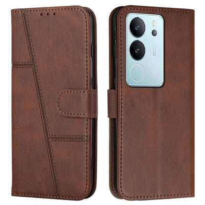 Brown leather wallet-style phone case with stitched details and buckle closure