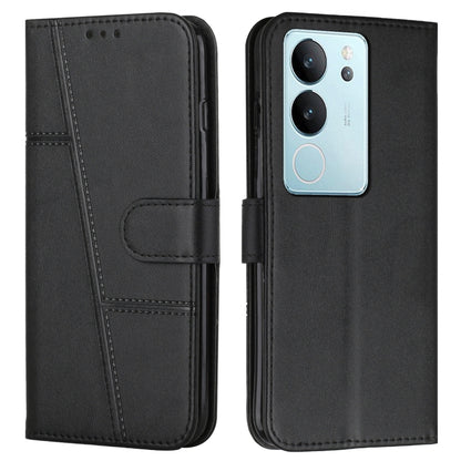 Black leather wallet-style phone case with stitched details and buckle closure