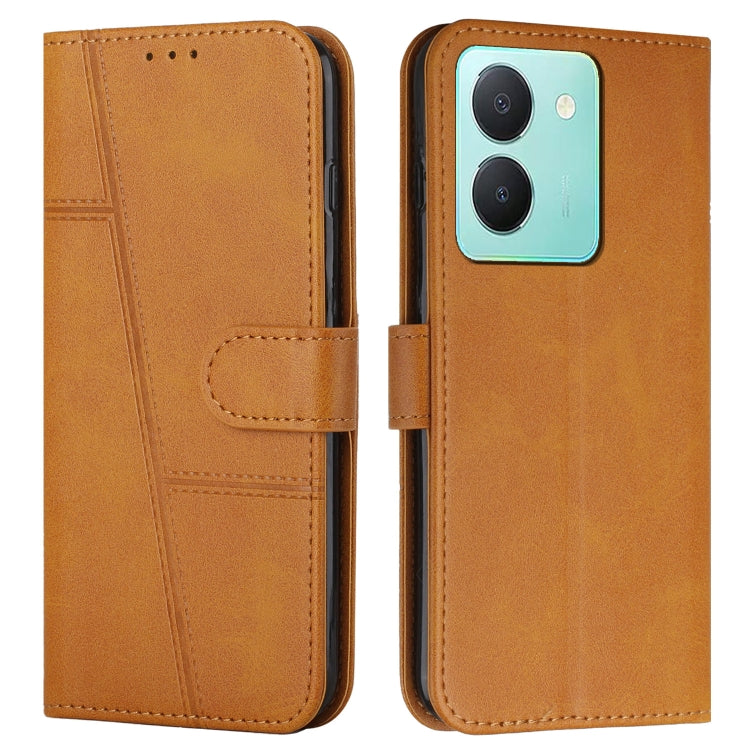 Brown leather phone case with stitched texture, buckle flap, and card holder slot