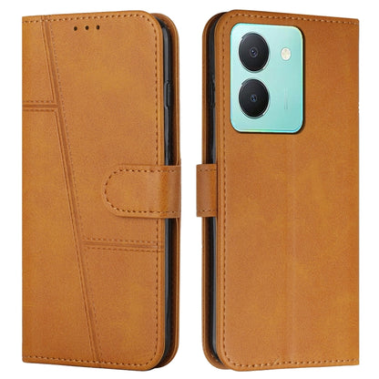 Brown leather phone case with stitched texture, buckle flap, and card holder slot