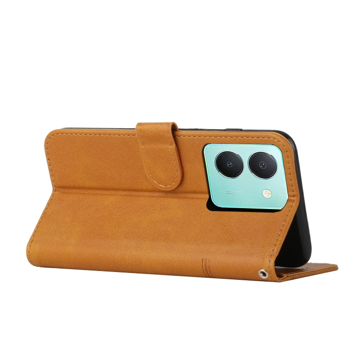 Tan leather folio phone case with buckle stand and dual camera cutout