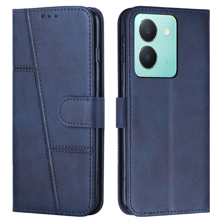 Blue leather phone case with stitched texture, buckle flap, and camera cutout