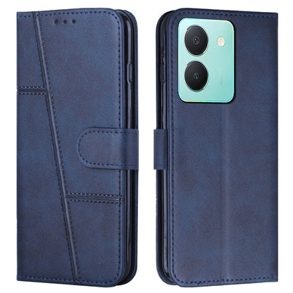Blue leather phone case with stitched texture, buckle flap, and camera cutout