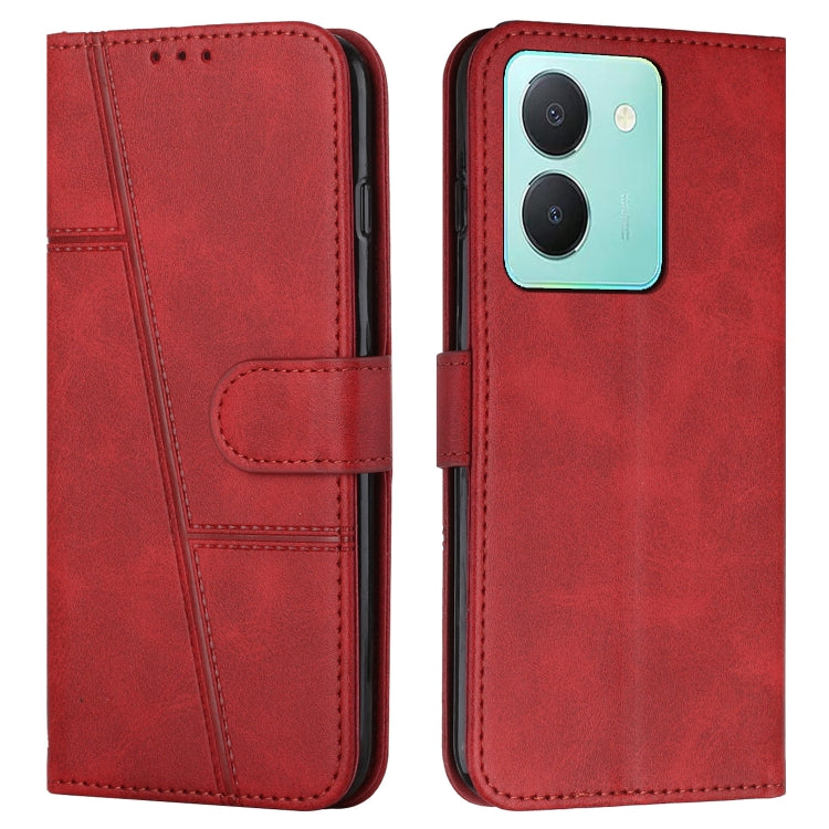 Red leather phone case with stitched texture, buckle flap, and camera cutout