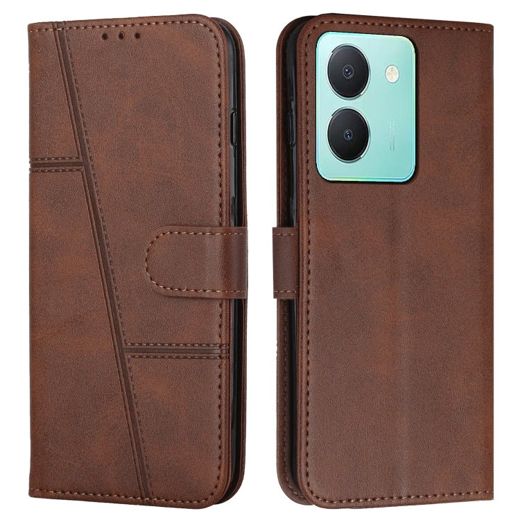 Brown leather flip phone case with stitched texture and side buckle strap