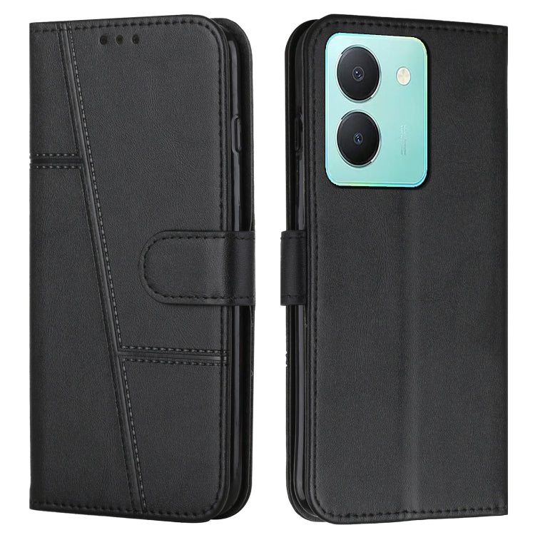 Black leather flip phone case with stitched texture and side buckle strap