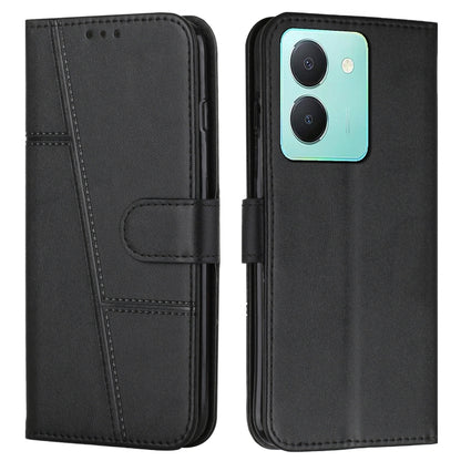 Black leather flip phone case with stitched texture and side buckle strap