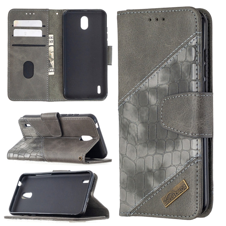 Grey crocodile-textured PU leather flip wallet phone case with card slots and stand