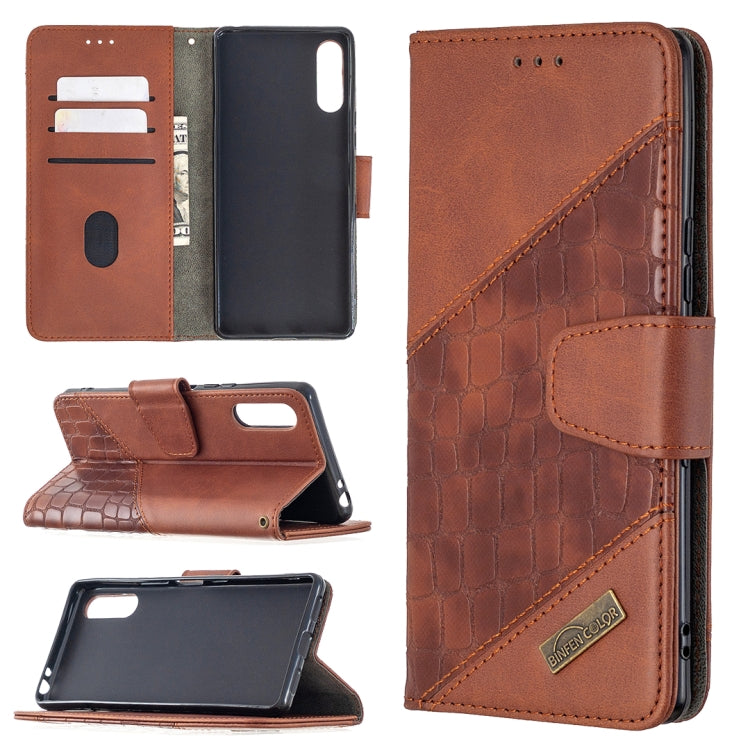 Brown crocodile-textured PU leather flip wallet phone case with card slots and stand