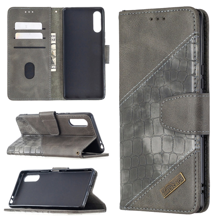 Grey crocodile-textured PU leather flip wallet phone case with card slots and holder