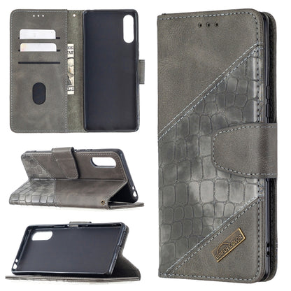 Grey crocodile-textured PU leather flip wallet phone case with card slots and holder