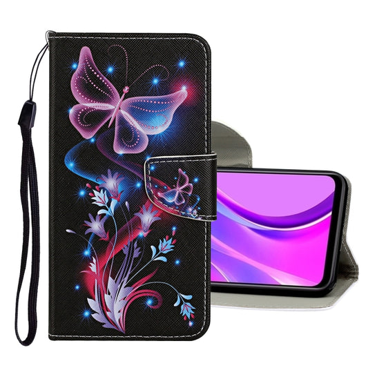 Black flip leather phone case with butterfly and floral pattern, wrist strap, magnetic clasp