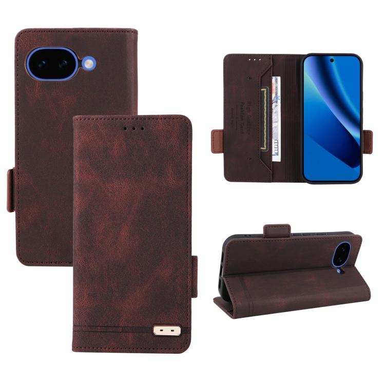 Magnetic clasp leather folio phone case with card slot and kickstand, dark brown.