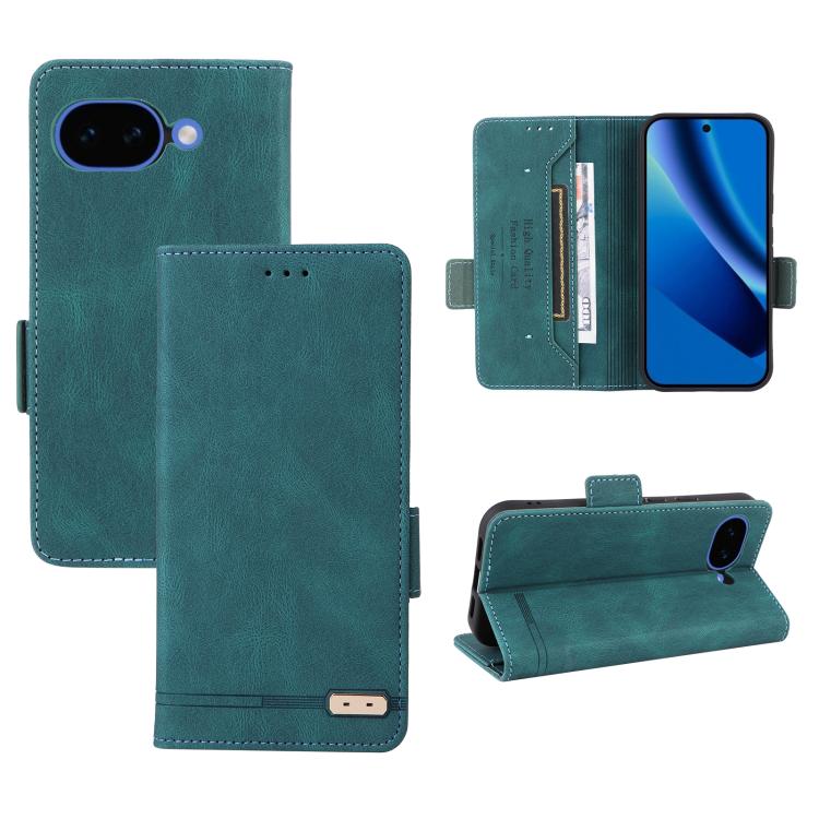Magnetic clasp leather folio phone case with card slot and kickstand, teal green.