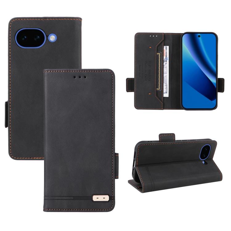Magnetic clasp leather folio phone case with card slot and kickstand, black.