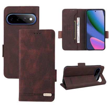 Brown magnetic clasp leather phone case with folio cover, card slot, and kickstand