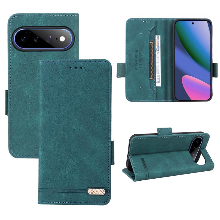 Teal magnetic clasp leather phone case with folio cover, card slot, and kickstand