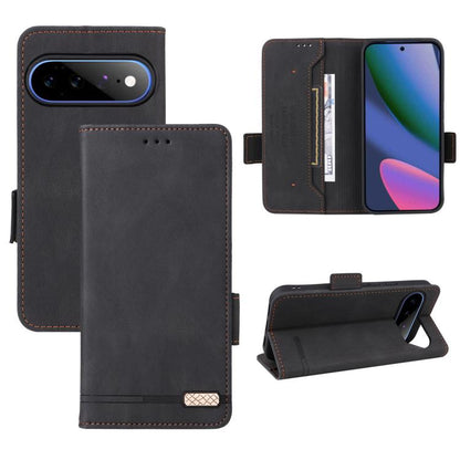 Black magnetic clasp leather phone case with folio cover, card slot, and kickstand