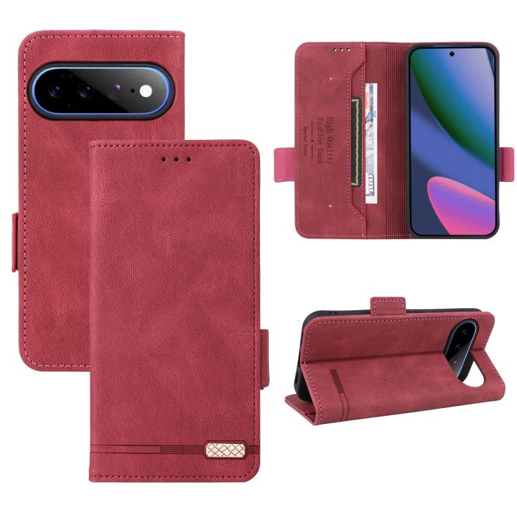 Magnetic clasp leather folio phone case with card slot and kickstand, red.