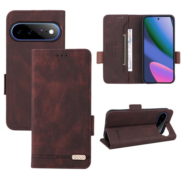 Brown magnetic clasp leather phone case with folio cover, card slot, and kickstand