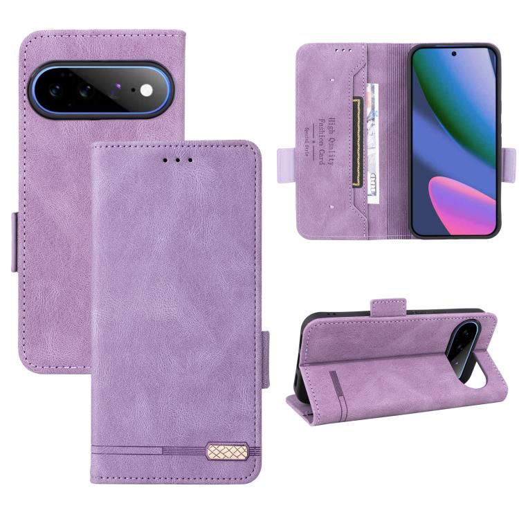 Purple magnetic clasp leather phone case with folio cover, card slot, and kickstand